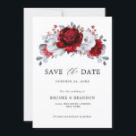 Reserva La Fecha Boda floral metálico Royal Red White Silver<br><div class="desc">Elegante tema de plata blanca y roja real salva la carta de fecha con elegante ramo de rubí real rojo,  crujiente,  plata,  flor rosa de color blanco puro y hojas de eucalipto. Comuníquese conmigo para obtener ayuda sobre la personalización o si necesita cualquier otro producto con este diseño.</div>