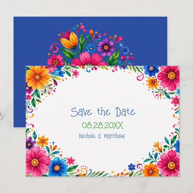 Reserva La Fecha Boda Floral Mexicana Colorida (Anverso / Reverso)