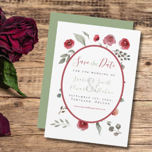 Reserva La Fecha Boda floral moderna de color verde salvia y burdeo
