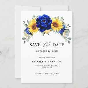 Reserva La Fecha Boda floral moderna de girasol rústico azul real 