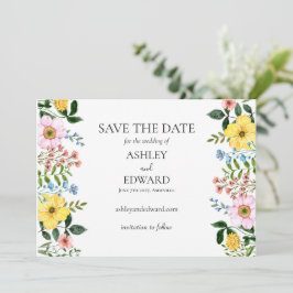 Reserva La Fecha Boda floral moderna de primavera en amarillo, azul