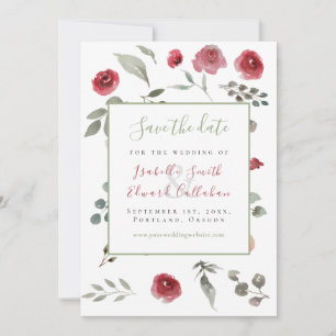 Reserva La Fecha Boda floral moderna de verde salvia y borgoña
