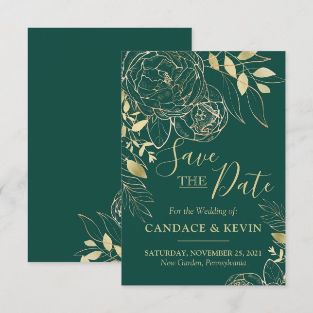 Reserva La Fecha Boda floral moderno Emerald Green & Gold Peony (Anverso / Reverso)