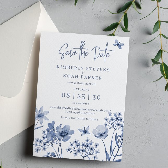 Reserva La Fecha Boda floral moderno y azul turbio (Subido por el creador)