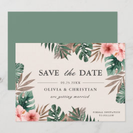 Reserva La Fecha Boda floral Monstera verde acuarela tropical