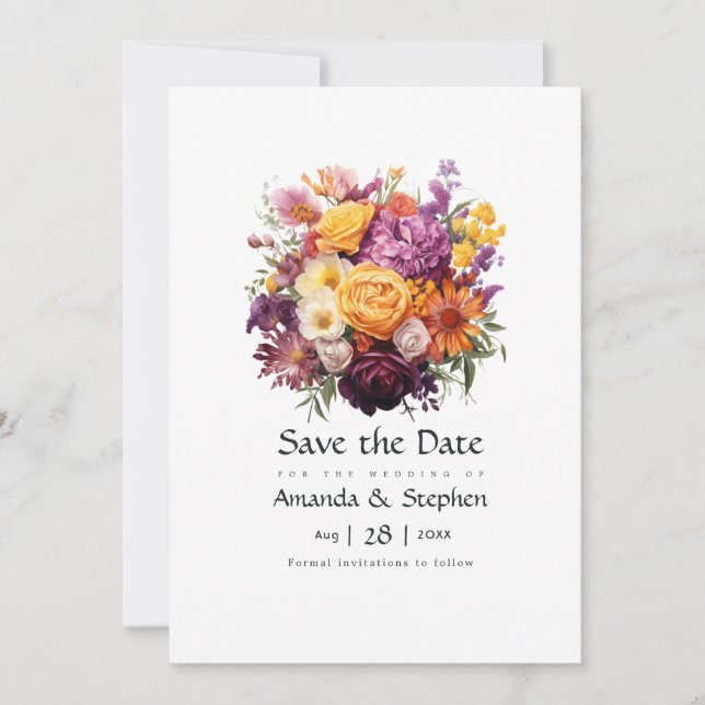 Reserva La Fecha Boda floral morada, naranja y amarilla (Anverso)