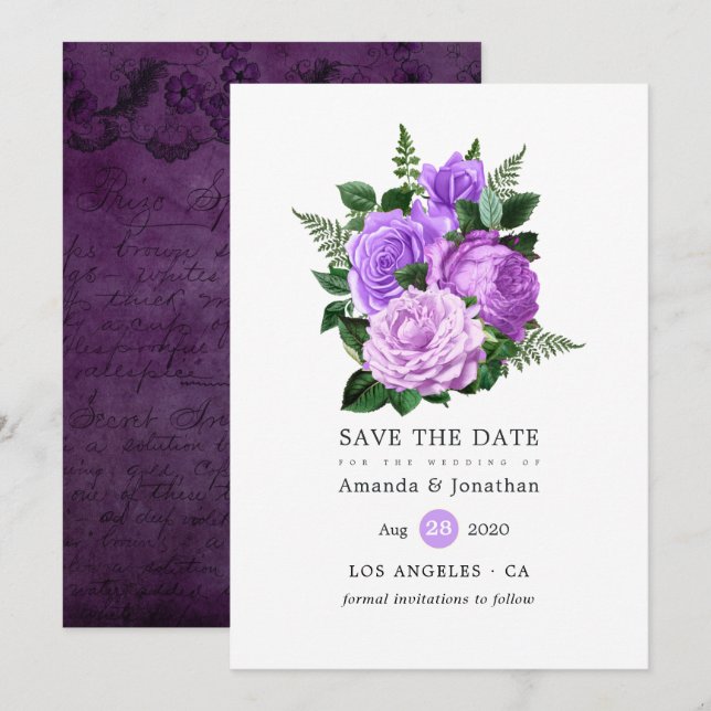 Reserva La Fecha Boda floral morado y verde (Anverso / Reverso)