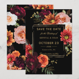 Reserva La Fecha Boda floral naranja burdeos negro oscuro y melancó