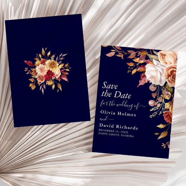 Reserva La Fecha Boda Floral Naranja de la Marina de Boho quemado a (Boho Navy Blue Burnt Orange Floral Wedding Save The Date on a sunny neutral dry palm leaf.)