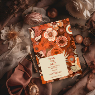 Reserva La Fecha Boda floral naranja quemada Retro Groovy