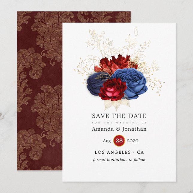 Reserva La Fecha Boda floral naval, rojo y oro (Anverso / Reverso)