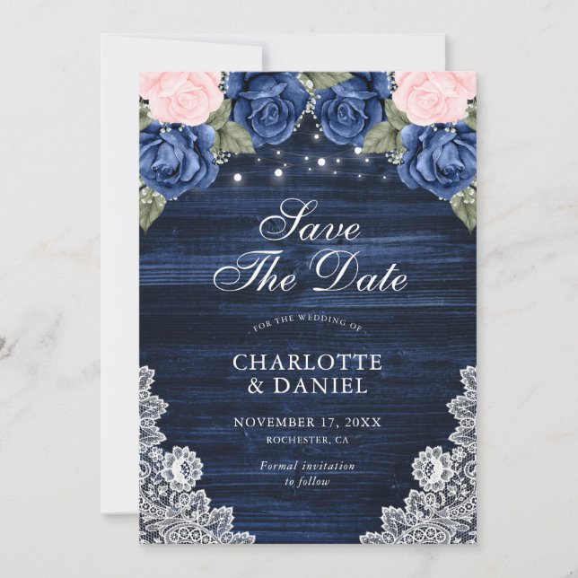 Reserva La Fecha Boda floral Navy Blue Rubor Wood Lace (Anverso)