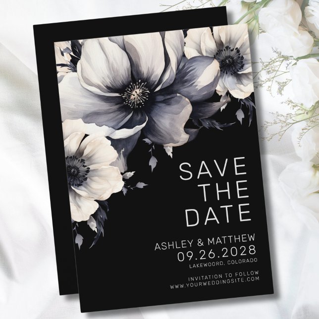 Reserva La Fecha Boda floral negra elegante moderna (Botanical Modern Elegant Black Floral Wedding Save The Date)