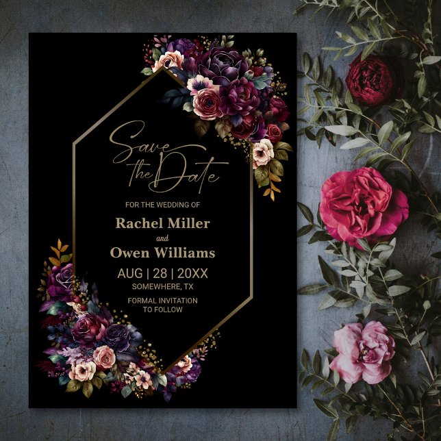 Reserva La Fecha Boda floral negro morado moderno de Borgoña (Subido por el creador)