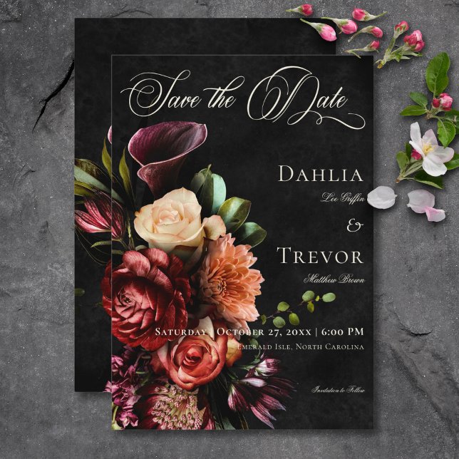 Reserva La Fecha Boda floral oscuro elegante de otoño (Dark Elegant Autumn Floral Wedding Save The Date Card)