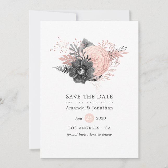 Reserva La Fecha Boda floral pastel rosa y carbón (Anverso)