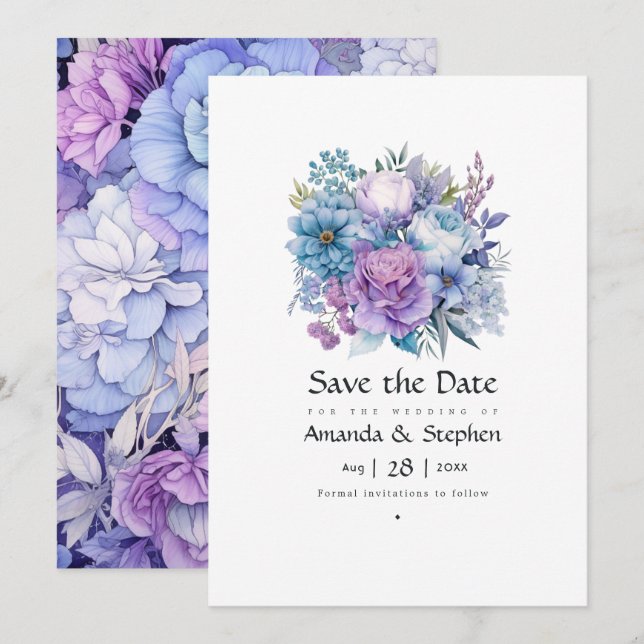Reserva La Fecha Boda Floral Plata, Icy Blue y Lilac (Anverso / Reverso)