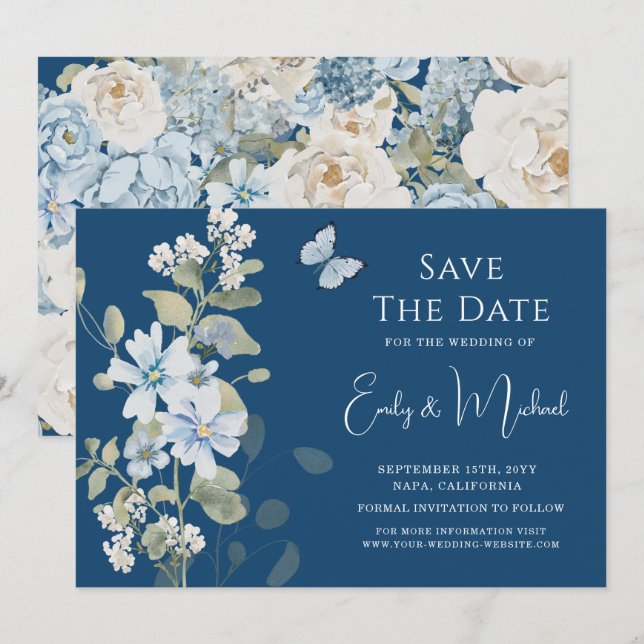 Reserva La Fecha Boda Floral Polvorienta Azul Romántica (Anverso / Reverso)