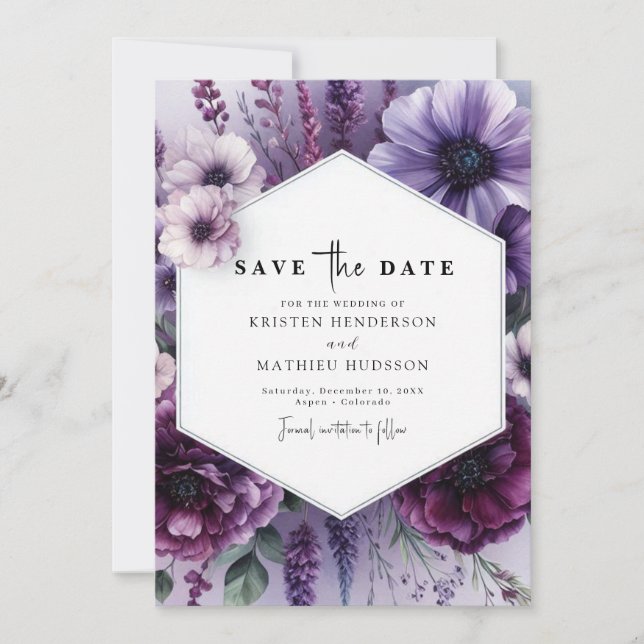 Reserva La Fecha Boda Floral Purple Impresorable Clásico (Anverso)