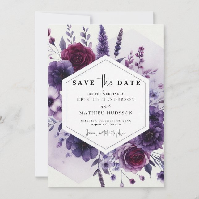Reserva La Fecha Boda floral púrpura digital mínimo (Anverso)