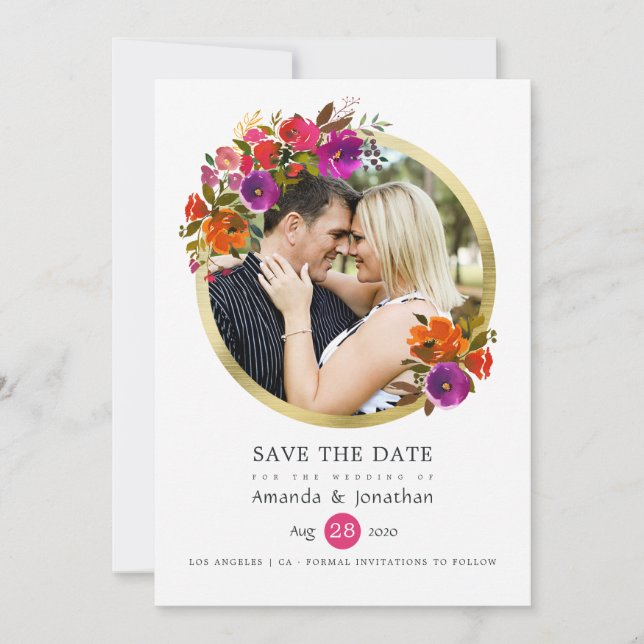 Reserva La Fecha Boda floral púrpura y Naranja (Anverso)