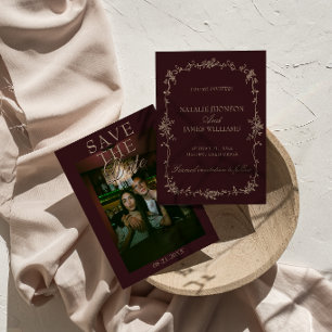 Reserva La Fecha Boda floral retro foto burgundy tamarindo elegante