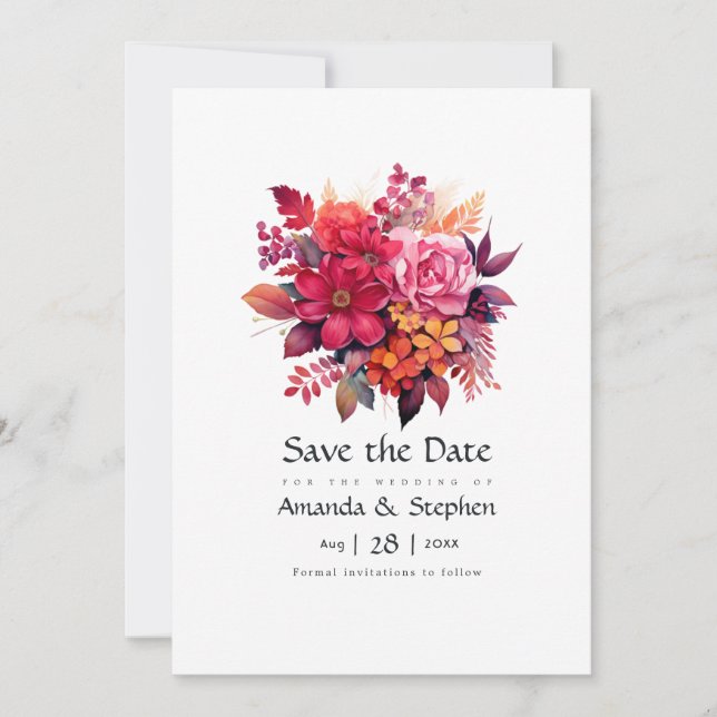 Reserva La Fecha Boda floral roja suntuosa (Anverso)