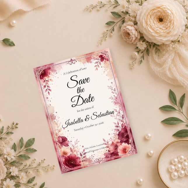 Reserva La Fecha Boda floral romántica de Borgoña (Subido por el creador)