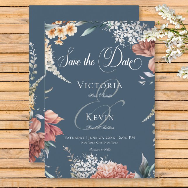 Reserva La Fecha Boda floral romántico moderno de Blue Garden (Modern Romantic Blue Garden Floral Wedding Save the Date Card)