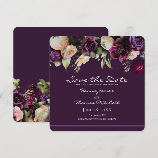 Reserva La Fecha Boda floral romántico morado oscuro (Anverso / Reverso)
