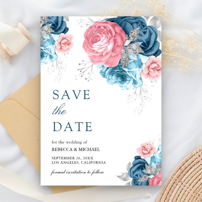 Reserva La Fecha Boda Floral Rosa Azul Polvoriento (Subido por el creador)