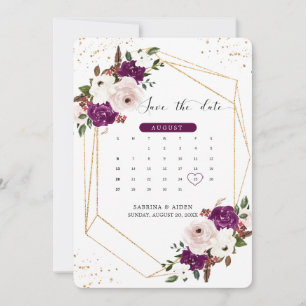 Reserva La Fecha Boda floral rosa con brillo púrpura geométrico