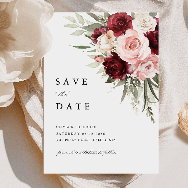 Reserva La Fecha Boda Floral Rosa con Toque de Borgoña (Burgundy blush pink floral save the date card, elegant wedding stationery rose invitation)