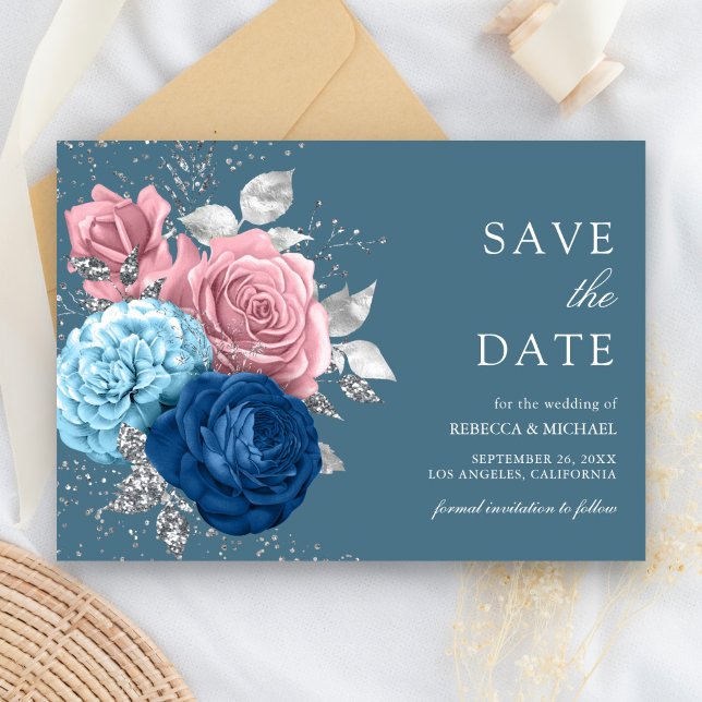 Reserva La Fecha Boda floral rosa de plata azul turbio (Subido por el creador)