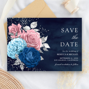 Reserva La Fecha Boda floral rosa polvoriento plata azul marino