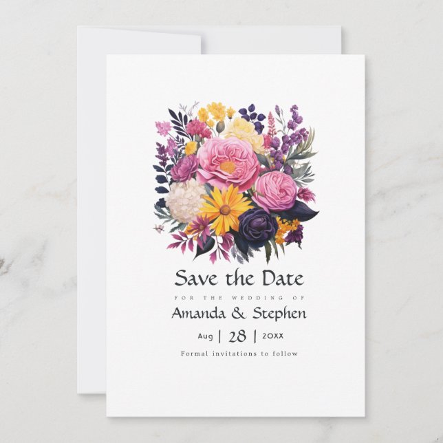 Reserva La Fecha Boda floral rosa, púrpura, negra y dorada (Anverso)