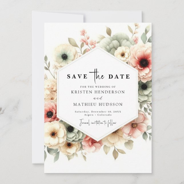 Reserva La Fecha Boda floral rosa romántico (Anverso)