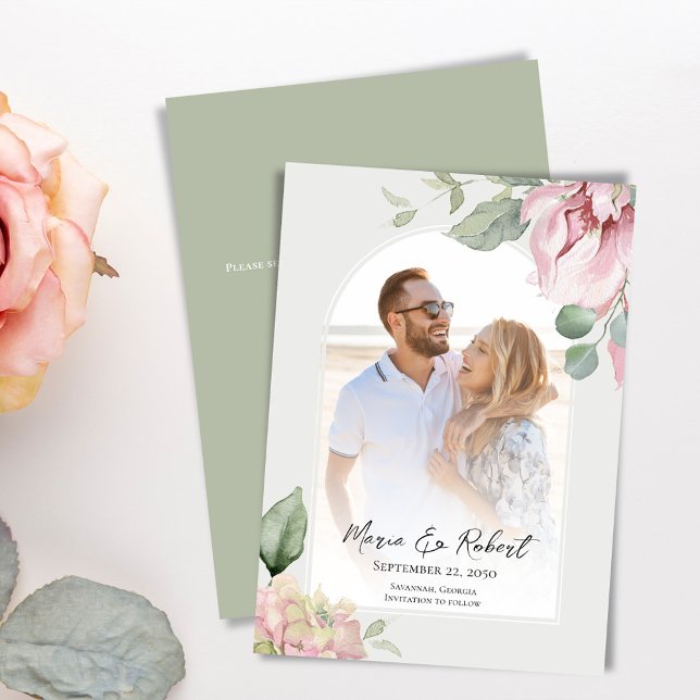 Reserva La Fecha Boda floral rosa Rubor Elegante arca Sage (Elegant Wedding Save the Date photo card. )