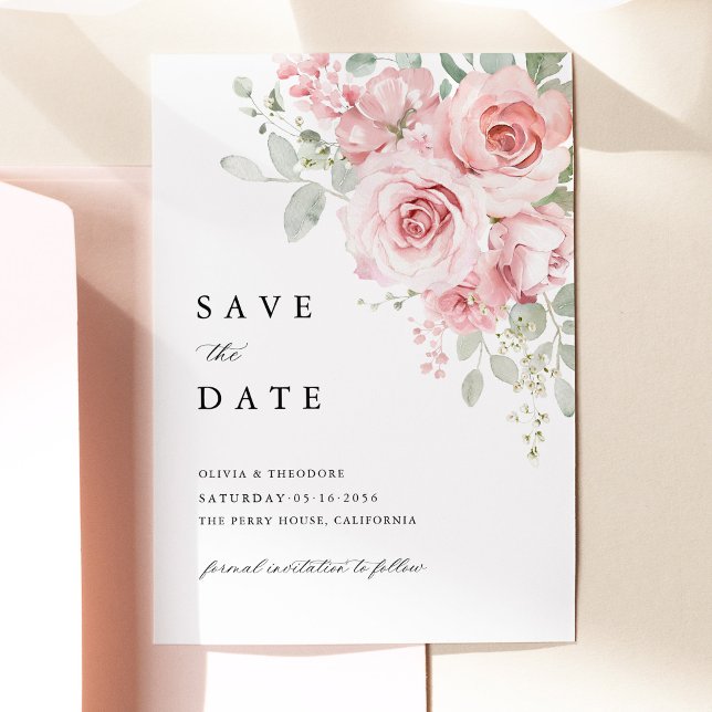 Reserva La Fecha Boda Floral Rosa Sonrojo (Blush Rose Floral Save the Date Card, Watercolor Blush Pink Rose Wedding Announcement Card)