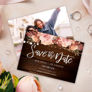 Reserva La Fecha Boda Floral Rustic Wood and String Lights