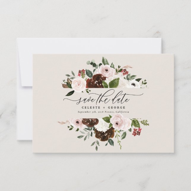 Reserva La Fecha Boda floral rústica burgundy, rosa, verde (Anverso)