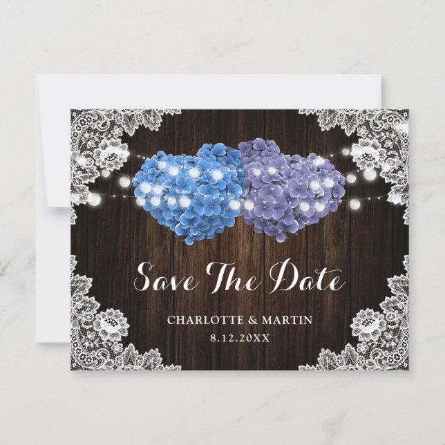 Reserva La Fecha Boda floral rústica de púrpura y azul (Anverso)