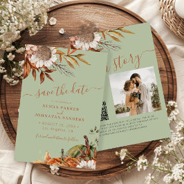Reserva La Fecha Boda floral rústica moderna en verde salvia QR