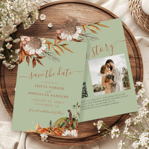 Reserva La Fecha Boda floral rústica moderna en verde salvia QR