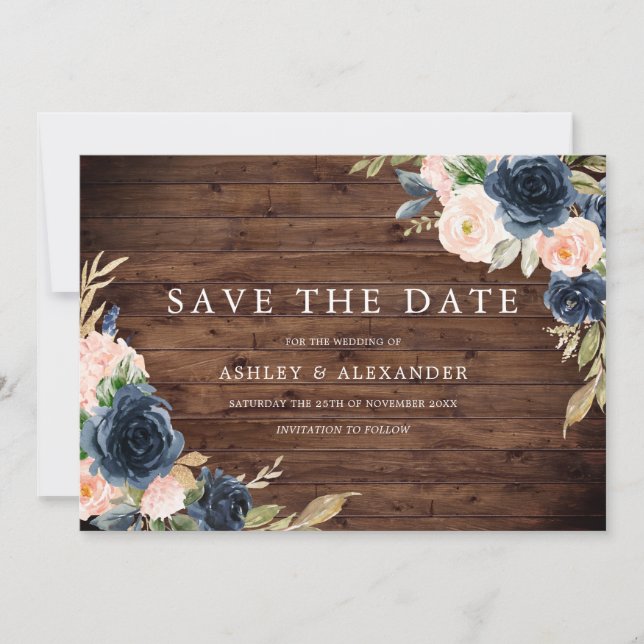 Reserva La Fecha Boda Floral Rústica Navy Blush (Anverso)