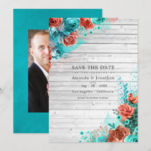 Reserva La Fecha Boda Floral Rústica Turquesa y Coral