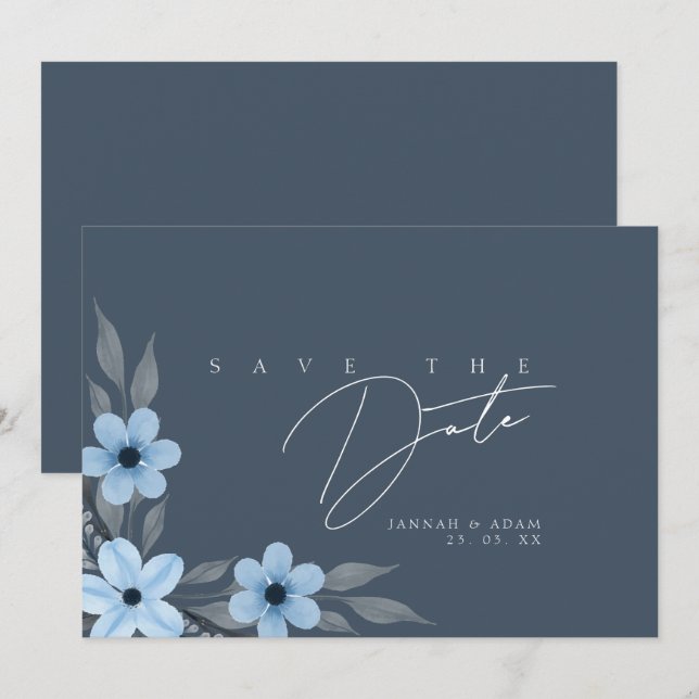 Reserva La Fecha Boda floral simple azul pizarra (Anverso / Reverso)