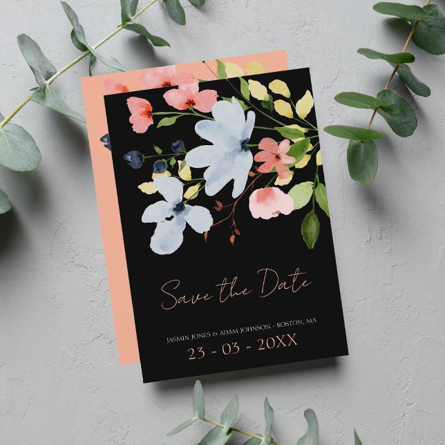 Reserva La Fecha Boda floral simple boho negro y rosa (Subido por el creador)