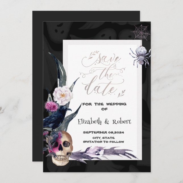 Reserva La Fecha Boda Floral Skull Halloween (Anverso / Reverso)