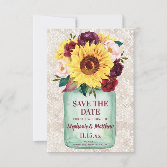 Reserva La Fecha Boda floral Sunflowers Mason Jar Floral (Anverso)